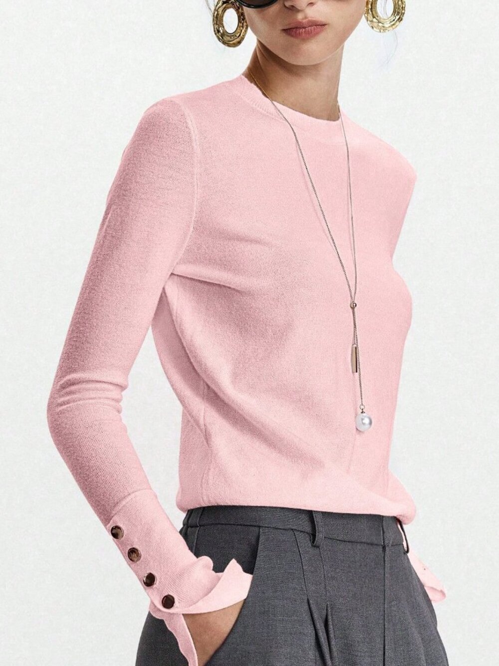 Baby Pink Casual Women's Button Rib-Knit V Neck Slim Fit Pullovers